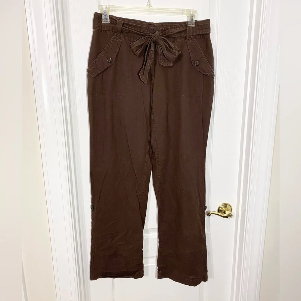 Y2K H&M LINEN Blend Roll Tab Hem Wide Leg Pants Brown Size 12